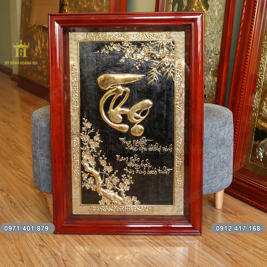 Tranh Chữ Thọ Thư Ph&aacute;p Bằng Đồng Mạ V&agrave;ng 24K